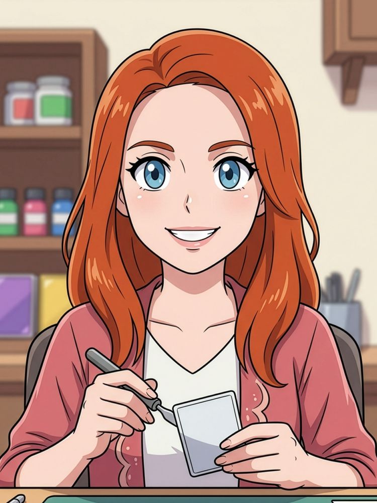Illustration: Natascha an ihrem Arbeitstisch mit einer Sammelkarte